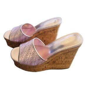 Guess Size 7 Womens Cork Platform Wedge Heels with Pink Sparkle Logo